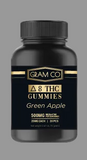 Black bottle of Gram Co Delta 8 THC Gummies with green apple flavor on a white background