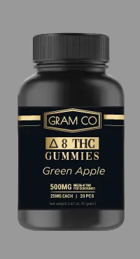 Black bottle of Gram Co Delta 8 THC Gummies with green apple flavor on a white background